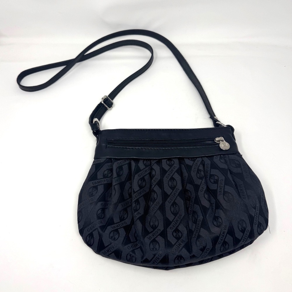 Vampiro Italy Black Leather Jacquard Logo Crossbody Bag‎ Small Shoulder Purse